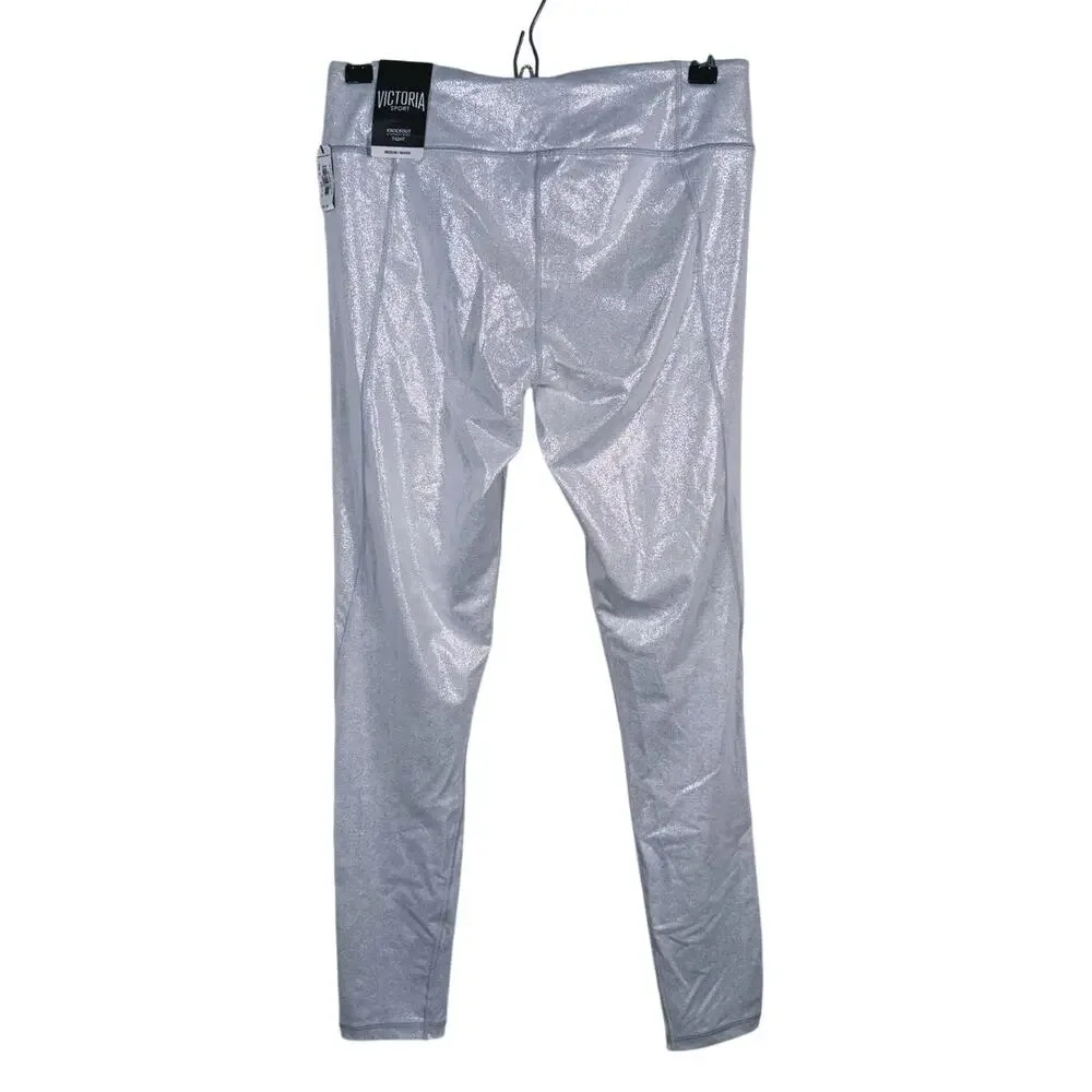 NWT Victoria's Secret Knockout Metallic Shimmer Leggings Size Medium Silver Gym